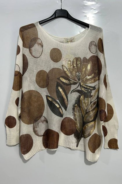 Women's Italian Gilding Print Patterned Long Sleeve Mercerized Blouse Sweater