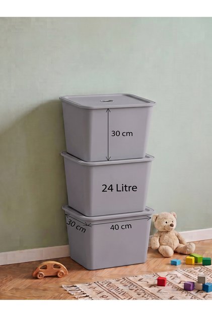 3 Pieces of Ultra Large 24 Liter 40X30X30 cm Polypropylene Plastic Organizer with Gray Lid - 3-Piece Toy Box and Storage Basket