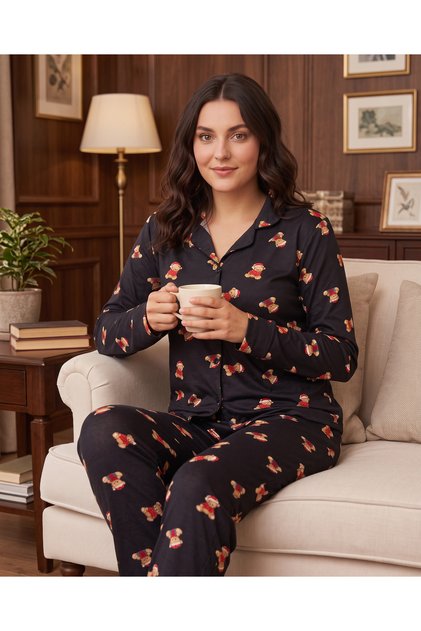 Women's Long Sleeve Shirt Collar Single Jersey Fabric Cotton Teddy Bear Patterned Pajama Set - Black