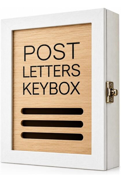 AASAI CART "POST LETTERS KEYBOX" Wall Mounted Key Holder & Slot Organize Modern Farmhouse Wall Mount Key Cabinet, White Wood Post Letters Keybox with 6 Metal Hooks, Rectangular Design, 26x7x17 cm