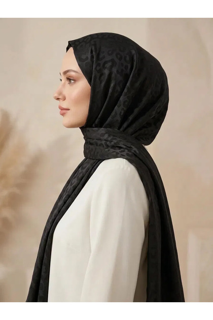 Leopard Patterned Cotton Jacquard Shawl Mi̇ra Series Black Color