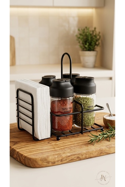4-Piece Glass Spice Jar Set with Napkin Holder, Black Handle, Metal Stand, Salt and Pepper Shakers, Napkin Holder Set, Countertop Organizer