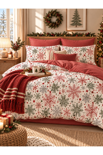 Lastikli Çarşaflı Çift Kişilik Nevresim Takımı Christmas Red