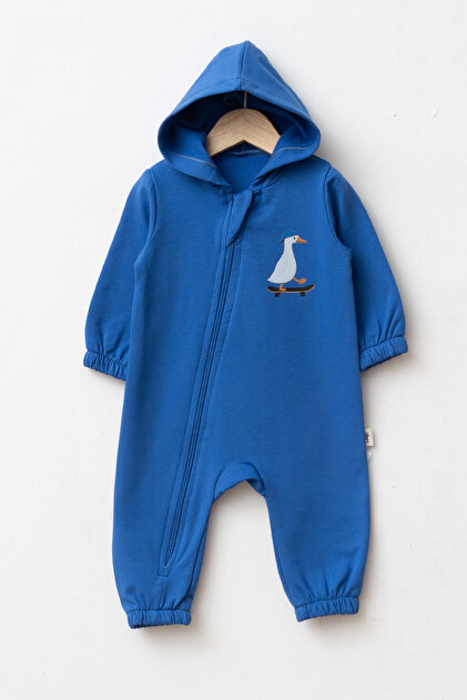 100% Cotton Hooded Duck Patterned Long Sleeve Baby Romper with Elastic Cuffs and Zipper Throughout