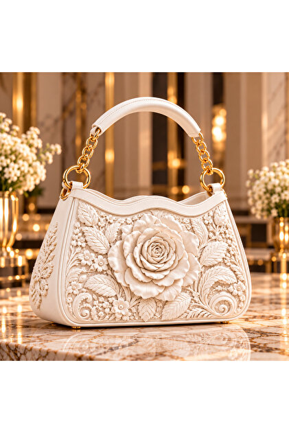 White Rose Floral 3D Relief Design Women's Hand and Shoulder Bag with Gold Chain Detail – Special Design