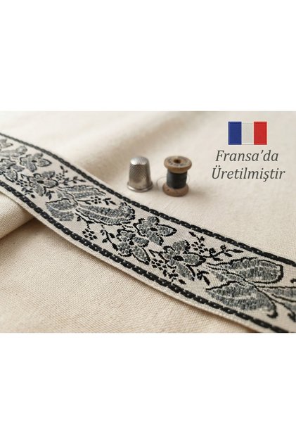Fransız Lüks Jakarlı Dokuma Bordür Şerit – Siyah Beyaz Çiçek Desenli Vintage Pasamanteri Kurdele (Gelinlik, Çeyiz, Çanta ve Kaftan İçin Dekoratif Şerit) -40mm - 5Metre