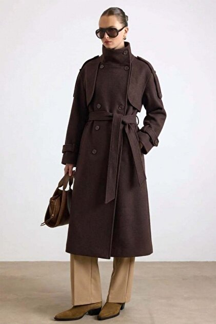 Oversized Coat with Stand Collar, Epaulettes and Cape Detail Brown 3198