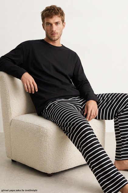 Black and White Striped Patterned Cotton Knitted Pajama Set 8093