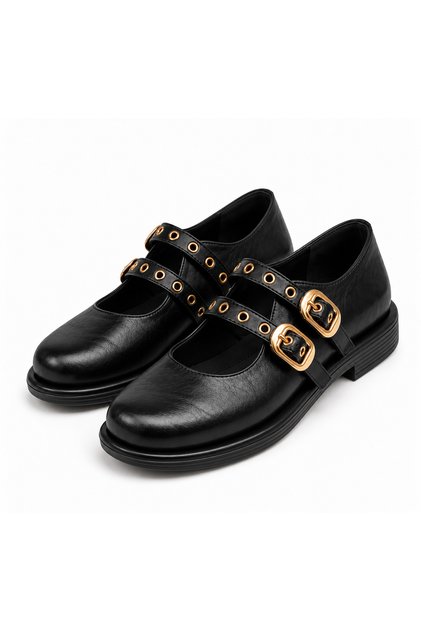 Women's Black Rustic Daily Stylish Double Helmet Buckle Flat Loafer Shoes