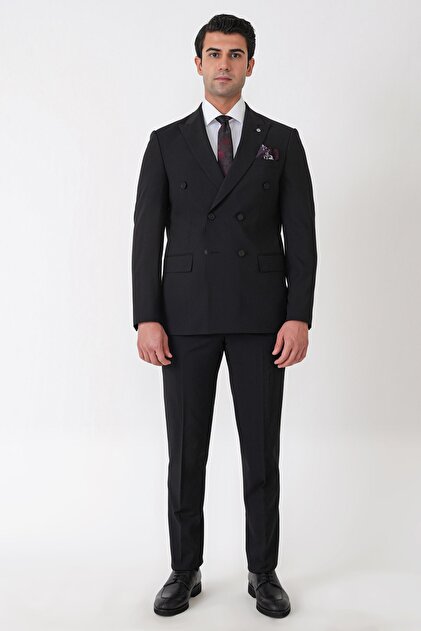 Slim Fit Flexible 97% Wool Solid Black Double Breasted Suit Tk 956