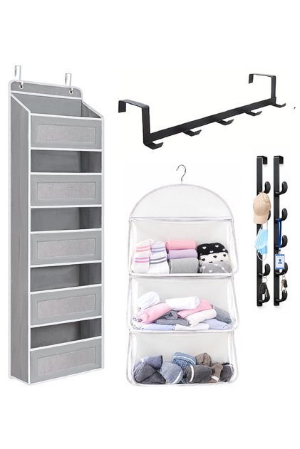 No Drill Over the Door Storage Organiser Set with Hooks & Mesh Storage 5-Piece Set, Space Saving, No Installation Needed, Caps, Inners, etc. Large Capacity, Bedroom,Bathroom,Kitchen,Ready to use