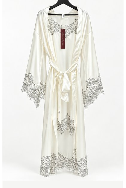 Ekru Satin French Lace Kimono & Nightgown Set