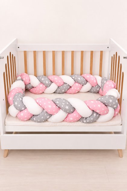 Bebekonfor Knitted Crib Edge Protector Pink Gray Patterned 260 cm