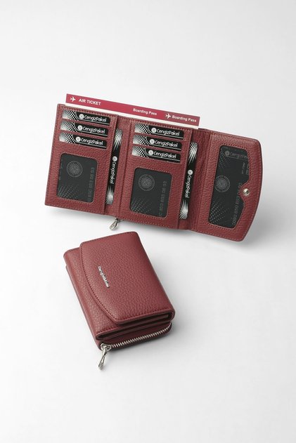Genuine Leather Large Internal Volume Snap Fastener Women's Wallet Claret Red - 65281