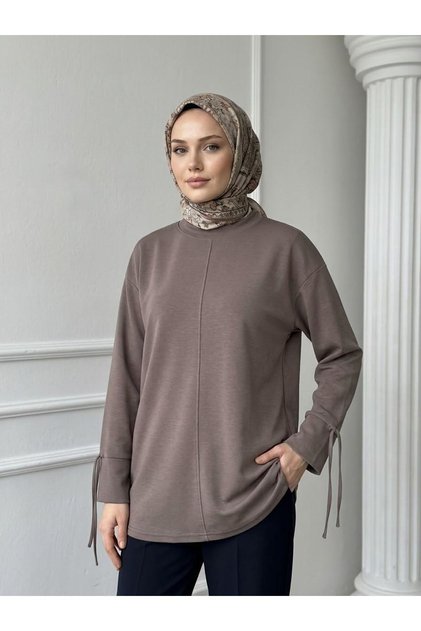 Pique Tunic with Sleeve Piping Detail - Light Brown