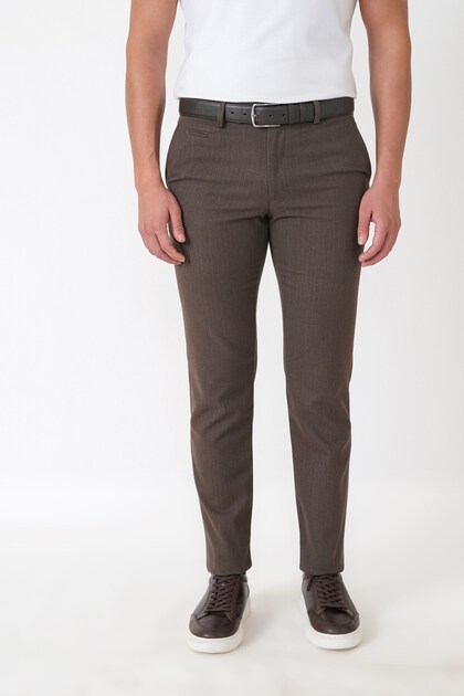 Slim Fit Side Pocket Stretchy Wool Brown Striped Trousers P 1236