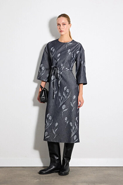 Hayalperest Collection Jacquard Denim Dress - Navy Blue