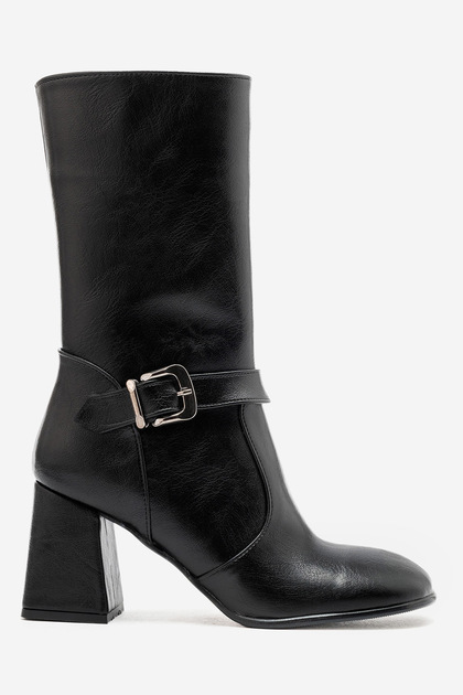 Alice Women's Black Faux Leather Buckle Detailed 7.5cm Heel Women's Long Boots