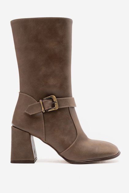 Alice Women's Mink Faux Leather Buckle Detailed 7.5cm Heel Women's Long Boots