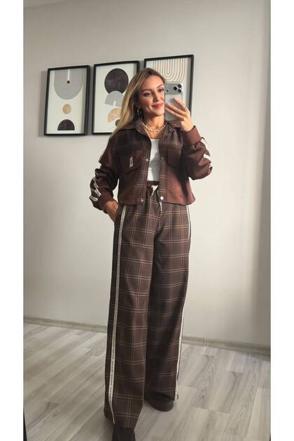 Vintage Naturel Written Brown Plaid Top and Bottom Set