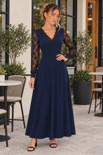 Women's V-Neck Long Lace Sleeve Elegant Stylish Evening Dress Long Janjan Crepe Dress