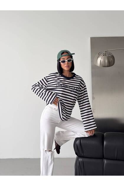 Çizgili Bisiklet Yaka Oversize Düşük Kol Örme Sweatshirt