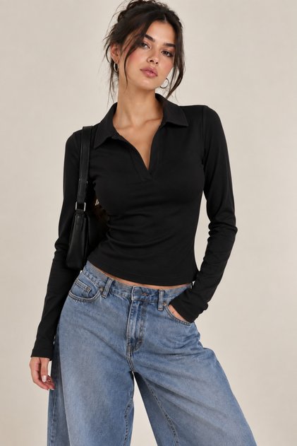 Kadın Slim Fit Polo Yaka Uzun Kollu Tişört Likralı Esnek Basic Bluz