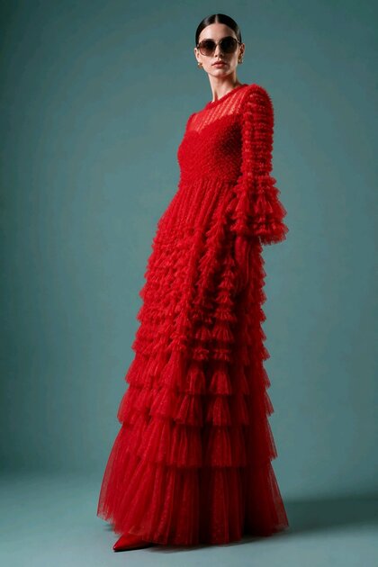 Women's Red Layered Ruffled Tulle Layered Long Evening Dress / Evening Gown