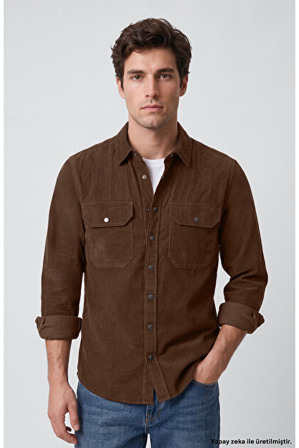 Slim Fit Haki Pamuklu Fitilli Kadife Gömlek