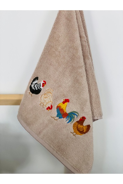 Beige Cotton Farmhouse Themed Embroidered Towel 40X60Cm