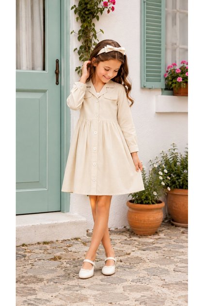 Beige Button Closure Girls' Long Sleeve Dress with Cap Detail 20701