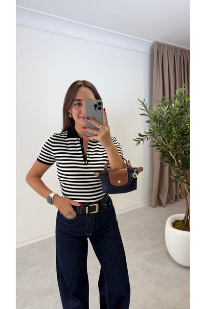 Polo Collar Striped Short Sleeve Knit Sweater