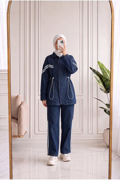 Giselle Stripe Detail Tight-Fitting Trousers Denim Suit-Ml3002 Denim Color