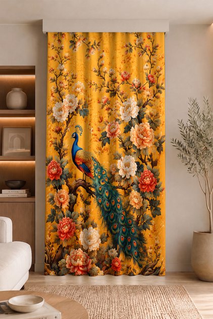 Peacock and Large Flower Patterned Digital Printed Single Wing Background Curtain Living Room Curtain (Throw Pillow Gift)