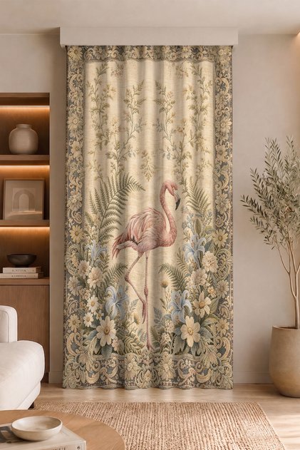 Flamingo Bird Flower and Leaf Motif Digital Printed Single Wing Background Curtain (with Throw Pillow as a Gift)