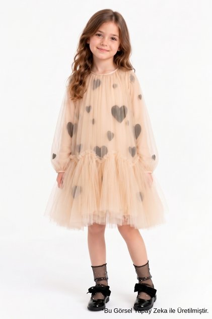 Beigefarbenes Mädchenkleid mit Herz-Print und Tülldetails - Heather