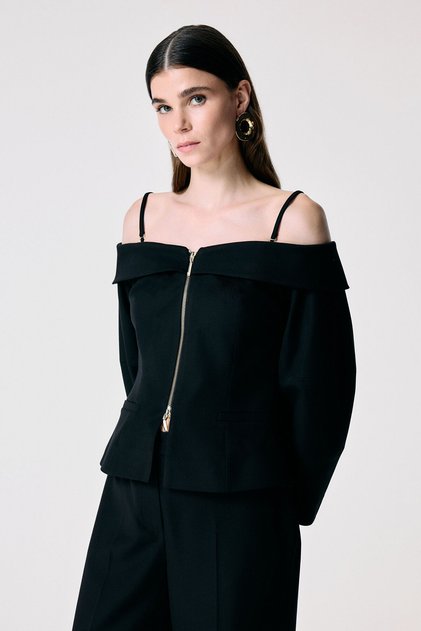 Siyah Önden Fermuarlı Off The Shoulder Ceket