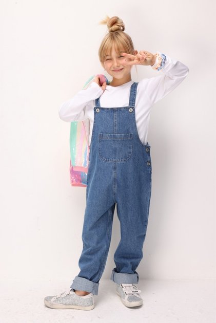 Navy Blue Girls' Denim Salopet with Front Pocket Detail - Jaipur