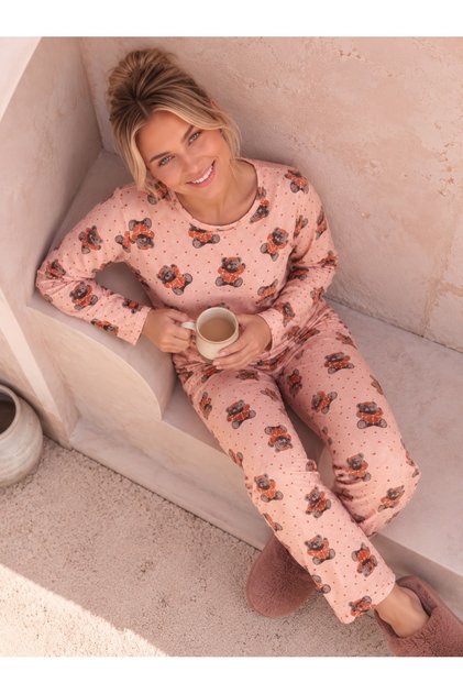Luxury Suede Crew Neck Patterned Long Sleeve Women's Pajama Set