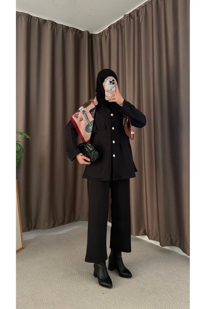 Buttoned Pleated Scuba Trousers Suit - Tbl - 22007 - Black