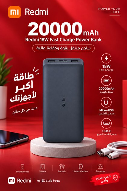 باور بانك ريدمي بسعة 20000 مللي أمبير مع شحن سريع ثنائي الاتجاه بقوة 18 واط، مع منافذ إدخال وإخراج مزدوجة، سعة عالية 74 واط/ساعة، متوافق مع آيفون وسامسونج وأندرويد
