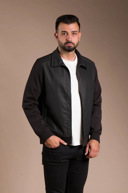 Siyah Kaplana Kumaş Polo Yaka İnce Ceket