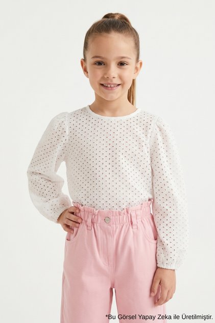White Scallop Long Sleeve Girls' Blouse - Lowell
