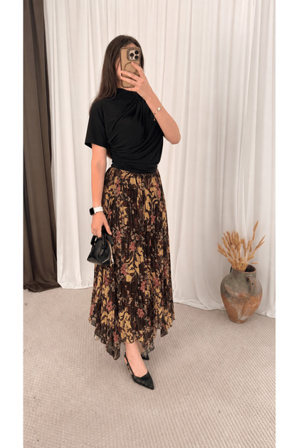 Asymmetrical Cut Floral Patterned Skirt - Sg - Bitter Brown & Yellow