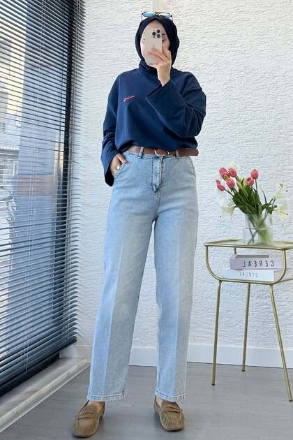 Premium Belted Carrot Cut Mom Jean Pants - Light Blue