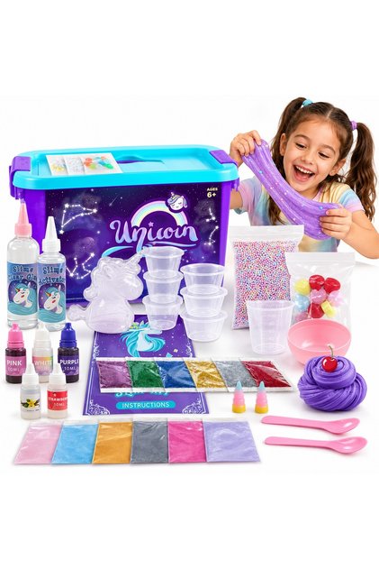Set de slime pentru copii DIY Unicorn, Set complet de creație cu adeziv, activator, sclipici, culori, arome, mărgele de spumă, accesorii, recipiente și cutie de depozitare cu mâner, Joc creativ, 6+ ani