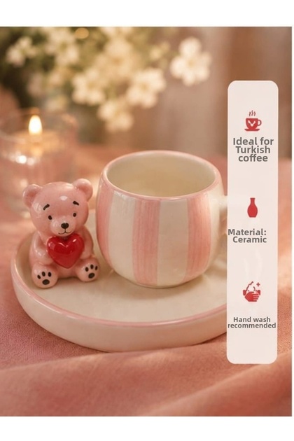 1 Person 2 Piece Minimal Cute Bear Figured Ceramic Coffee Cup Set Modern Turkish Coffee Cup Set Stylish Elegant Special 95 ml