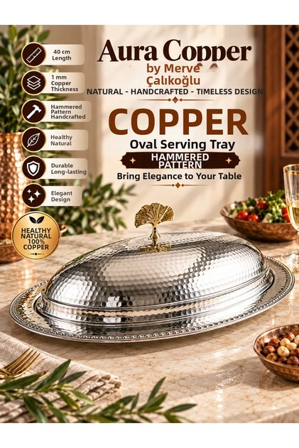 Forged Copper Kayık Presentation Plate with Lid Service Presentation Tray Sn-00003-40 cm Silver Color
