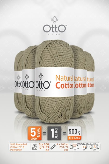 Natural Cotton • Khaki Green (6051) • 5-Pack × 100 Gr / 200 m • 2 mm • Cotton Thread • Punch, Amigurumi, Macrame