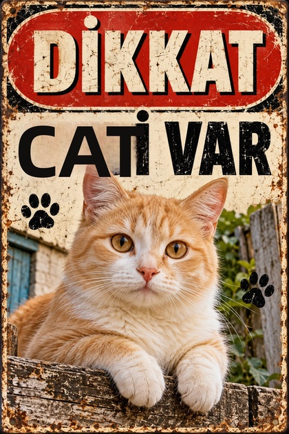 Caution Cat Is Present Cream Orange Cat Retro Metal Wall Decor 20X30 cm